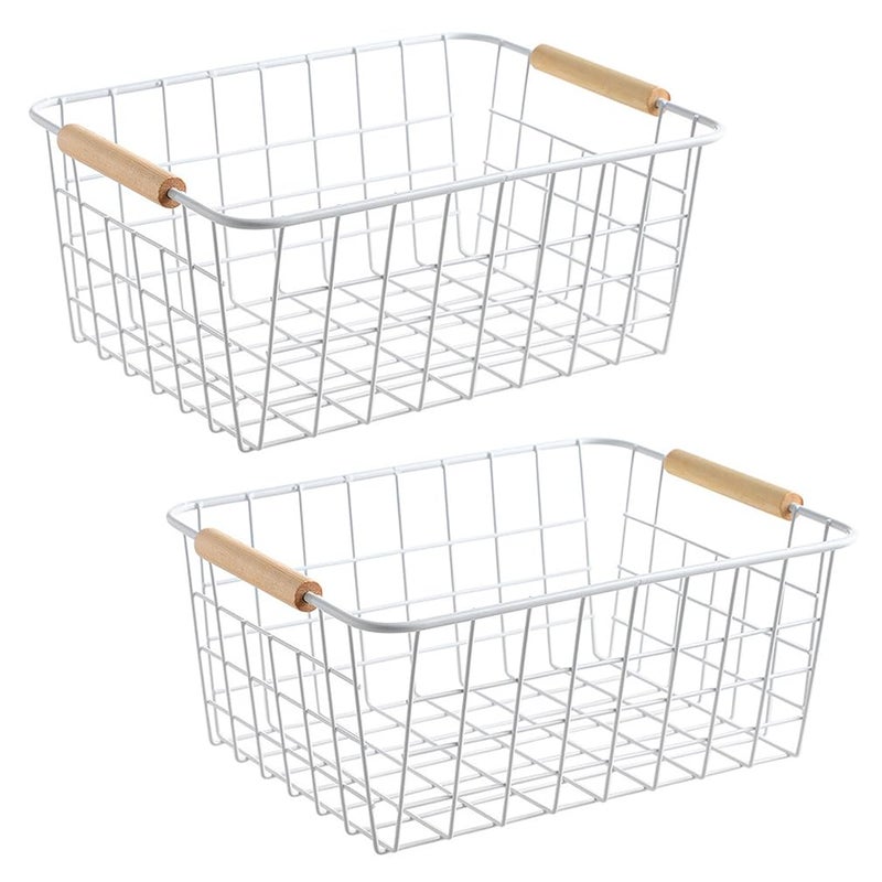 LeleCAT white wire baskets for organizing with Wooden Handles Storage Organizer Baskets, Household snack basket for Cabinets, Pantry, Closets, Bedrooms, pantry organizers and storage - Set of 2ï¼ˆWhiteï¼‰ - Image 1